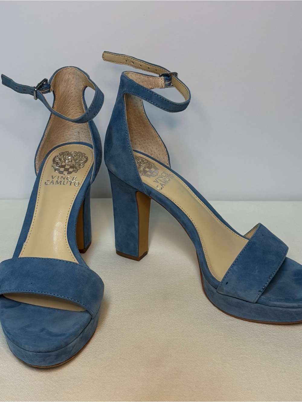 Vince Camuto Blue Suede Ankle-Strap Block Heels. 4”heels and 1” platform